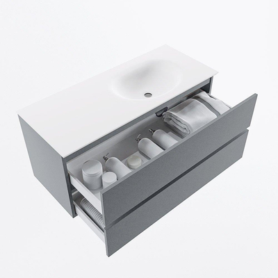 Mondiaz VICA ensemble de meuble de salle de bain - 110cm - meuble sous-vasque plata - 2 tiroirs - lavabo moon droite - sans trous de robinet - version haute de 60cm - talc