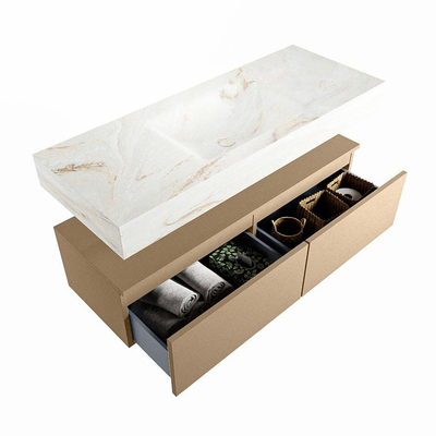 Mondiaz ALAN-DLUX Ensemble de meuble - 120cm - meuble Oro mat - 2 tiroirs - Lavabo Cloud Frappe suspendu - vasque Centre - 1 trou de robinet
