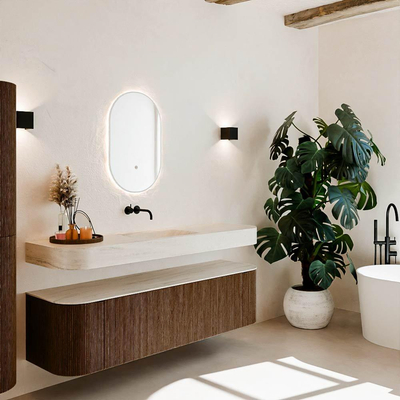 MONDIAZ THOR-DLUX 170cm meuble de salle de bains arrondi gauche + droite couleur Walnut avec 1 tiroir et 2 portes. Vasque suspendue CLOUD Milieu sans trou de robinet couleur Meli.