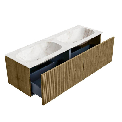 Mondiaz KURVE-DLUX Badkamermeubelset - 140x46x40cm - 2 lade - wastafel solid surface - dubbel - 2 kraangaten - Dusk
