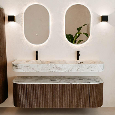 MONDIAZ THOR-DLUX Meuble de salle de bains 150cm arrondi gauche + droite couleur Walnut avec 1 tiroir et 2 portes. Vasque suspendue CLOUD Double 2 trous de robinet couleur Glace.