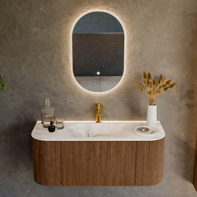 MONDIAZ KURVE-DLUX 110cm Meuble salle de bain avec module 25 G et D - couleur Walnut - 1 tiroir - 2 portes - vasque CLOUD centre - 1 trou de robinet - couleur Frappe