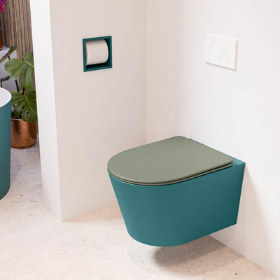 Mondiaz LAVIE hangtoilet – spoelrandloos – 36 x 53 cm – met softclose zitting – Smag (groen), zitting Army (groen)