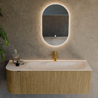 MONDIAZ KURVE-DLUX meuble de salle de bains 135cm arrondi gauche couleur Dusk avec 1 tiroir et 1 porte. Vasque BIG MEDIUM droite 1 trou de robinet Meli.