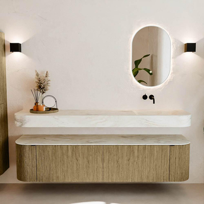 MONDIAZ THOR-DLUX Meuble de salle de bains 190cm arrondi gauche + droite couleur Dusk avec 2 tiroirs et 2 portes. Vasque suspendue CLOUD Droite sans trou de robinet couleur Ostra.