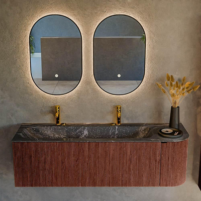Mondiaz KURVE-DLUX Badkamermeubelset - 145x46x40cm - 1 lade - 1 deur - wastafel solid surface - links - 2 kraangaten - Ruby