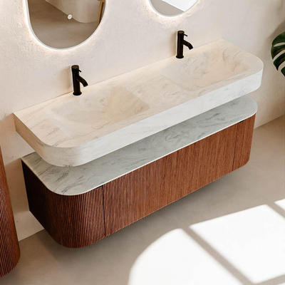 MONDIAZ THOR-DLUX 150cm meuble de salle de bains arrondi gauche + droite couleur Ruby avec 1 tiroir et 2 portes. Vasque suspendue CLOUD Double 2 trous de robinet couleur Opalo.