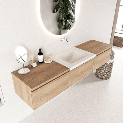 Mondiaz BUKLA badkamermeubelset 180x45x34cm 0 kraangaten wasbak midden solid surface Talc greeploos 3 lades met softclose Melamine Washed Oak