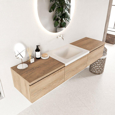 MONDIAZ BUKLA 180cm badmeubel met module 60 kleur Washed Oak met 3 lades. Wastafel CLOUD midden 0 kraangaten kleur Talc.