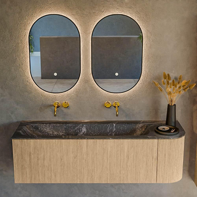 MONDIAZ KURVE-DLUX 145cm Meuble salle de bain avec module 25 D - couleur Oak - 1 tiroir - 1 porte - vasque BIG LARGE gauche - sans trou de robinet - couleur Lava