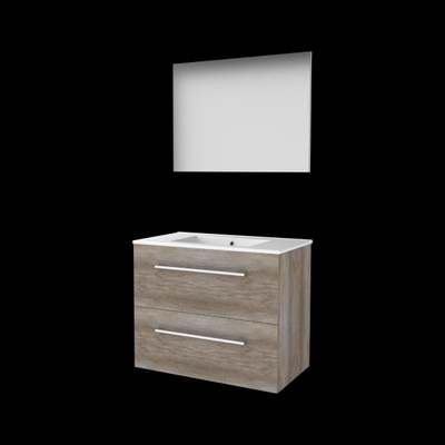 Basic-Line Basic 46 ensemble de meubles de salle de bain 80x46cm avec poignées 2 tiroirs lavabo en porcelaine 1 trou pour robinet miroir mfc scotch oak