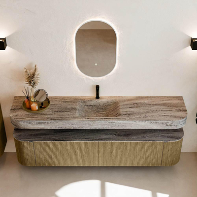 MONDIAZ THOR-DLUX Meuble de salle de bains - 200cm - arrondi gauche + droite - couleur Dusk - 2 tiroirs - 2 portes - Vasque suspendue CLOUD Milieu 1 trou de robinet couleur Oza