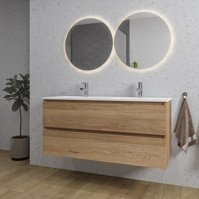 Saniclass Chaci Badkamermeubelset - 120x46x55cm - keramische wastafel wit - 2 wasbakken - 2 kraangaten - 2 lades - eiken