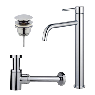 FugaFlow Eccelente Sobrado Slim Slim Kit mitigeur lavabo - robinet rehaussé - bonde clic clac - siphon design bas - Chrome brillant