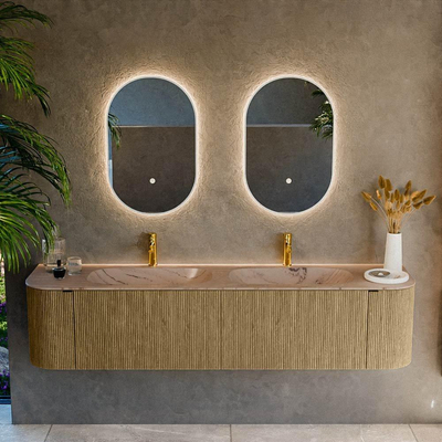 MONDIAZ KURVE-DLUX Meuble de salle de bains 190cm arrondi gauche + droite couleur Dusk avec 2 tiroirs et 2 portes. Lavabo STOR SMALL Double 2 trous de robinet Arena.