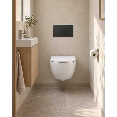 QeramiQ Dely Swirl Compact Toiletset - inbouwreservoir Geberit UP320 - met Burda frame - 25mm zitting - kunststof bedieningsplaat mat zwart - rechthoekige knoppen - mat wit