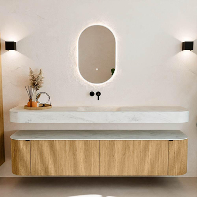 MONDIAZ THOR-DLUX Meuble de salle de bains - 200cm - arrondi gauche + droite - couleur Oak - 2 tiroirs - 2 portes - Vasque suspendue CLOUD Milieu sans trou de robinet - couleur Opalo