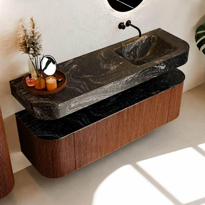 MONDIAZ THOR-DLUX 150cm meuble de salle de bains arrondi gauche + droite couleur Ruby avec 1 tiroir et 2 portes. Vasque suspendue CLOUD Droite sans trou de robinet couleur Lava.