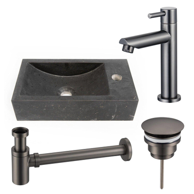 Saniclass Fuente ensemble fontaine - 40x22 - 1 trou de robinet - droite - pierre naturelle - robinet fontaine Gunmetal PVD brossé - foncé