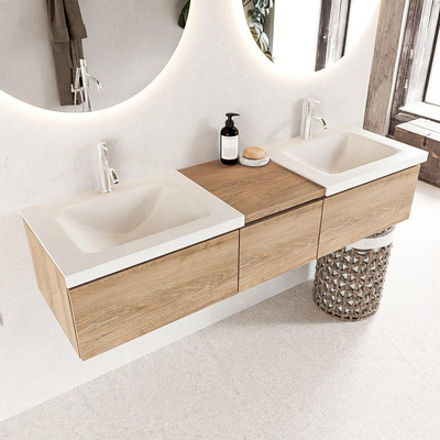 MONDIAZ BUKLA meuble de salle de bain 160 cm avec module 40 couleur Chêne blanchi avec 3 tiroirs. Lavabo CLOUD double 2 trous de robinet couleur Talc.