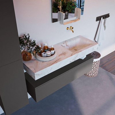 Mondiaz ALAN-DLUX Ensemble de meuble - 130cm - meuble Dark grey mat - 1 tiroir - Lavabo Cloud Frappe suspendu - vasque Droite - 0 trous de robinet
