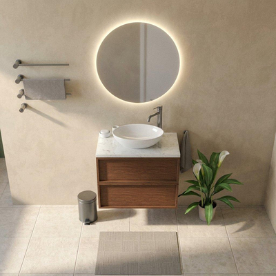 Saniclass Holz Frame Ensemble meuble de salle de bains - 80x45x63cm - Plan vasque en marbre Dia poli (blanc) - 1 trou de robinetterie - 2 tiroirs - walnut pure mat (bois)