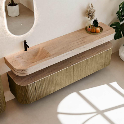 MONDIAZ THOR-DLUX 200cm meuble de salle de bains arrondi gauche + droite couleur Dusk avec 2 tiroirs et 2 portes. Vasque suspendue CLOUD gauche 1 trou de robinet couleur Saba.