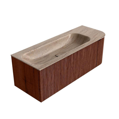 MONDIAZ KURVE-DLUX Meuble de salle de bains 125cm arrondi à droite couleur Ruby avec 1 tiroir et 1 porte. Lavabo BIG MEDIUM à gauche sans trou de robinet Saba.