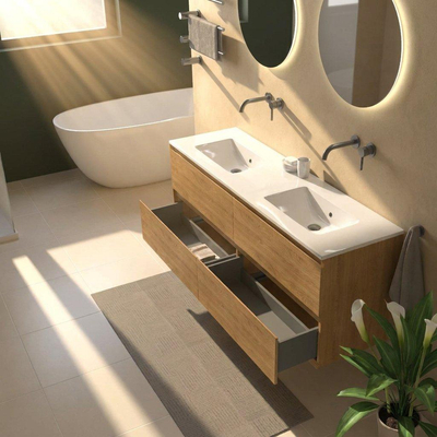 Saniclass Holz Pure Ensemble meuble de salle de bains - 160x45x62cm - Vygo lavabo en céramique blanc - 2 vasques - sans trous de robinetterie - 4 tiroirs - chêne natural mat (bois)