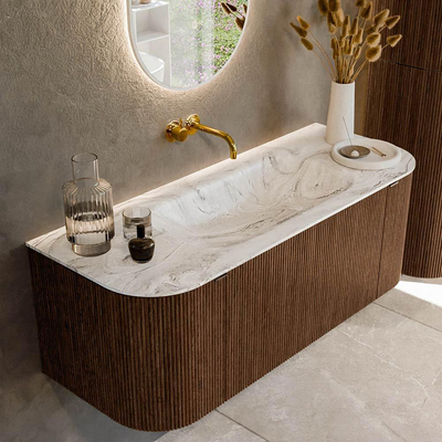 MONDIAZ KURVE-DLUX 120cm badmeubel met module 25 Len R kleur Walnut met 1 lade en 2 deuren. Wastafel BIG SMALL midden zonder kraangat kleur Glace.