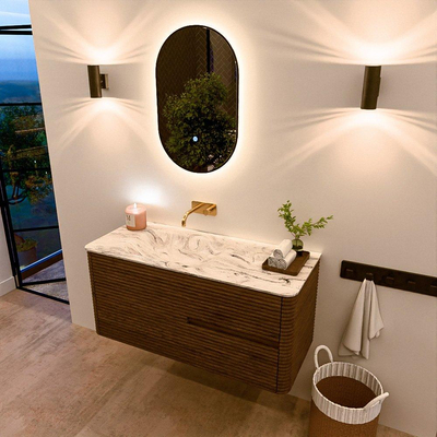 Mondiaz CIRO-DLUX Ensemble de meubles de salle de bains - 110x45x50cm - plan vasque solid surface Glace - 1 lavabo à gauche - sans trous de robinet - 2 tiroirs - Dusk