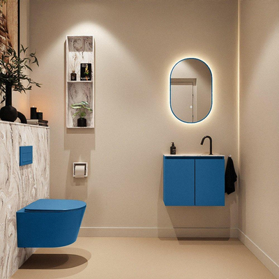 MONDIAZ TURE-DLUX Meuble toilette - 60cm - Jeans - EDEN - vasque Glace - position centrale - 1 trou de robinet