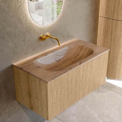 MONDIAZ KURVE-DLUX Meuble de salle de bains 90cm couleur Oak avec 1 tiroir et 0 porte. Vasque BIG SMALL Centre sans trou de robinet Arena.