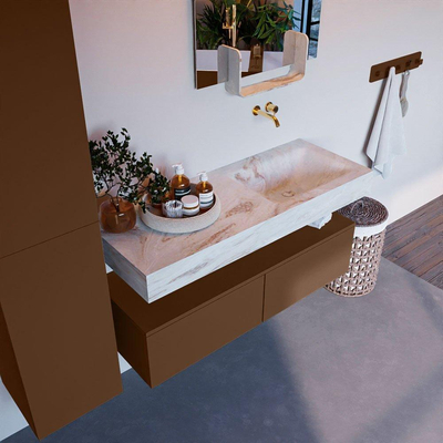 Mondiaz ALAN-DLUX Ensemble de meuble - 120cm - meuble Rust mat - 2 tiroirs - Lavabo Cloud Frappe suspendu - vasque Droite - 0 trous de robinet
