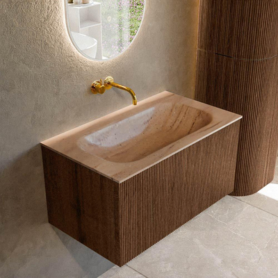 MONDIAZ KURVE-DLUX 80cm badmeubel kleur Walnut met 1 lade en 0 deuren. Wastafel BIG SMALL Midden zonder kraangat Saba.