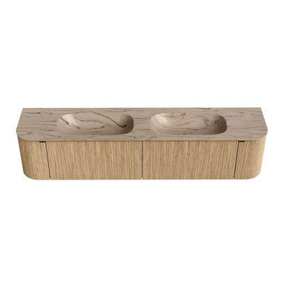 MONDIAZ KURVE-DLUX Meuble de salle de bains 200cm arrondi Gauche + Droite couleur Chêne avec 2 tiroirs et 2 portes. Lavabo STOR SMALL Double sans trou de robinet Arena.