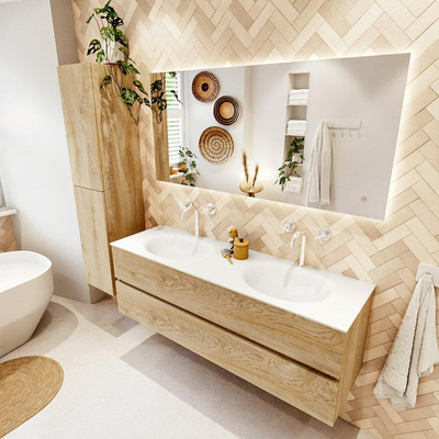 MONDIAZ VICA meuble sous lavabo 150cm Chêne blanchi 2 tiroirs. Lavabo MOON double 2 trous de robinet, couleur Talc.