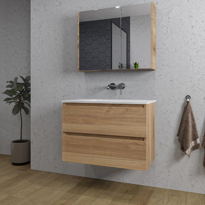 Saniclass Chaci Ensemble meuble de salle de bains - 80x46x55cm - lavabo en céramique blanc - 1 vasque - sans trous de robinet - 2 tiroirs - armoire de toilette - chêne