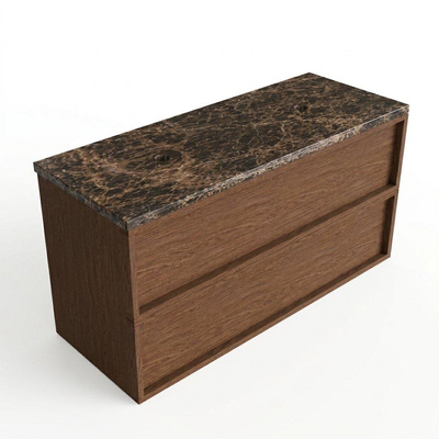 Saniclass Holz Frame Ensemble de meubles de salle de bains - 120x45x63cm - Plan de travail en pierre naturelle Noche dark emperador - sans trou de robinet - 2 tiroirs - walnut pure mat (bois)