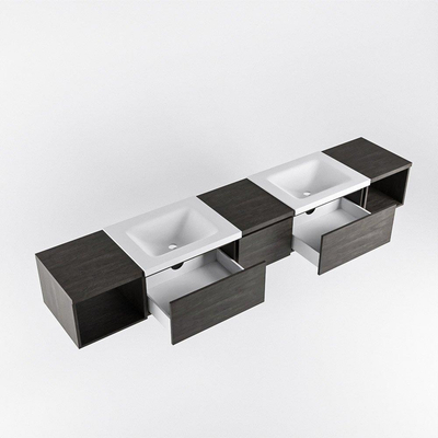 MONDIAZ BUKLA 240cm ensemble de meuble avec module ouvert 40 L+R couleur Marron Foncé avec 3 tiroirs. Lavabo CLOUD double 0 trous de robinet couleur Talc.