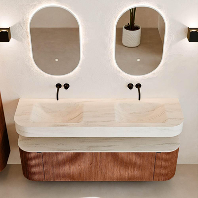 MONDIAZ THOR-DLUX 160cm meuble de salle de bains arrondi gauche + droite couleur Ruby avec 1 tiroir et 2 portes. Vasque suspendue CLOUD Double sans trou de robinet couleur Meli.