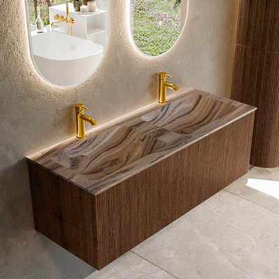 MONDIAZ KURVE-DLUX 120cm badmeubel kleur Walnut met 1 lade en 0 deuren. Wastafel LEAF Dubbel 2 kraangaten Sombra.