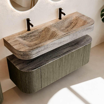 MONDIAZ THOR-DLUX 130cm meuble de salle de bains arrondi gauche + droite couleur Shadow avec 1 tiroir et 2 portes. Vasque suspendue CLOUD Double 2 trous de robinet couleur Oza.