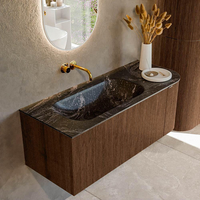 MONDIAZ KURVE-DLUX 115cm meuble de salle de bains avec module 25 R couleur Walnut avec 1 tiroir et 1 porte. Lavabo BIG SMALL gauche sans trou de robinet couleur Lava.