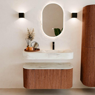 MONDIAZ THOR-DLUX 100cm meuble de salle de bains arrondi gauche + droite couleur Ruby avec 1 tiroir et 2 portes. Vasque suspendue CLOUD Droite 1 trou de robinet couleur Ostra.