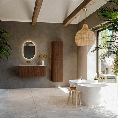 MONDIAZ KURVE-DLUX Meuble de salle de bains 105cm arrondi à droite couleur Walnut avec 1 tiroir et 1 porte. Lavabo BIG SMALL gauche sans trou de robinet Sombra.