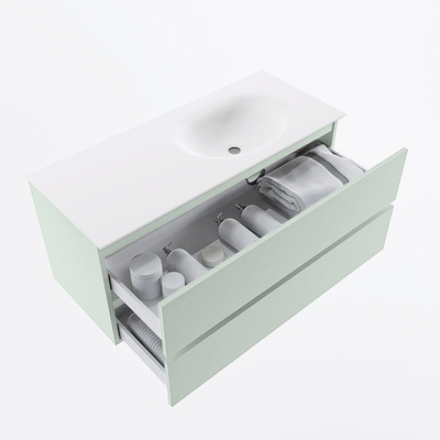 Mondiaz VICA ensemble de meuble de salle de bain - 110cm - meuble sous vasque greey - 2 tiroirs - lavabo moon droite - sans trous de robinet - version haute de 60cm - talc