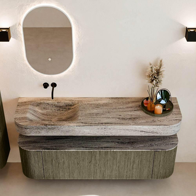 MONDIAZ THOR-DLUX Meuble de salle de bains - 160cm - arrondi gauche + droite - couleur Shadow - 1 tiroir - 2 portes - Vasque suspendue CLOUD Gauche sans trou de robinet - couleur Oza