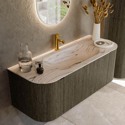 MONDIAZ KURVE-DLUX Meuble de salle de bains 120cm arrondi Gauche + Droite couleur Shadow avec 1 tiroir et 2 portes. Lavabo BIG SMALL Central 1 trou de robinet Nata.