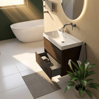 Saniclass Holz Pure Ensemble de meubles de salle de bains - 80x45x67.5cm - lavabo Wave en céramique - 1 vasque - sans trou de robinet - 2 tiroirs - chêne charcoal mat (bois)